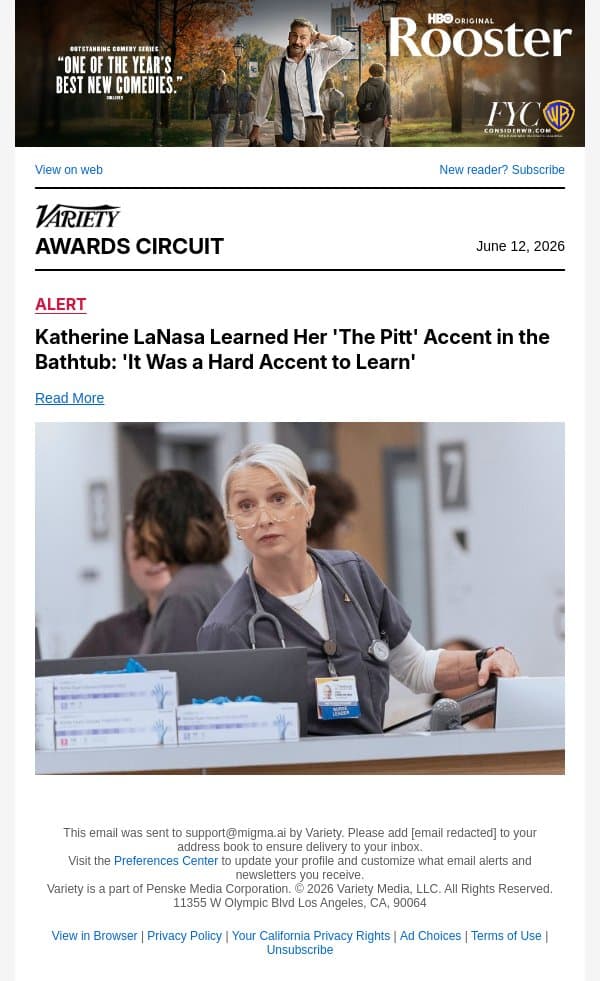 Katherine LaNasa Learned Her 'The Pitt' Accent in the Bathtub: 'It Was a Hard Accent to Learn' email from Variety screenshot