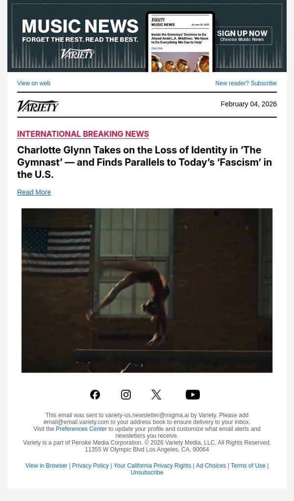 Charlotte Glynn Takes on the Loss of Identity in ‘The Gymnast’ — and Finds Parallels to Today’s ‘Fascism’ in the U.S. email from Variety screenshot