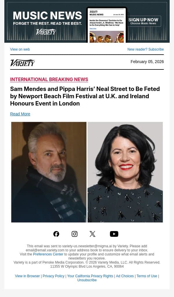 Sam Mendes and Pippa Harris’ Neal Street to Be Feted by Newport Beach Film Festival at U.K. and Ireland Honours Event in London email from Variety screenshot