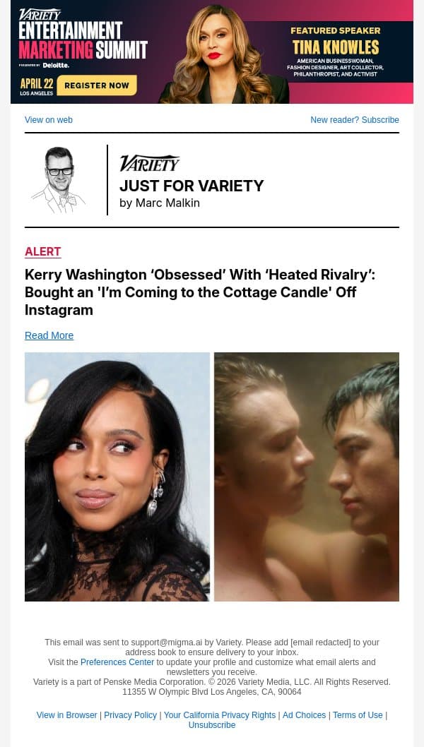 Kerry Washington ‘Obsessed’ With ‘Heated Rivalry’: Bought an 'I’m Coming to the Cottage Candle' Off Instagram email from Variety screenshot