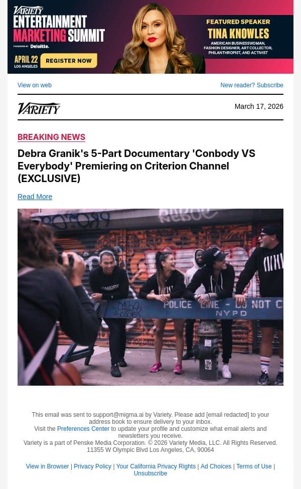 Debra Granik's 5-Part Documentary 'Conbody VS Everybody' Premiering on Criterion Channel (EXCLUSIVE) email from Variety screenshot