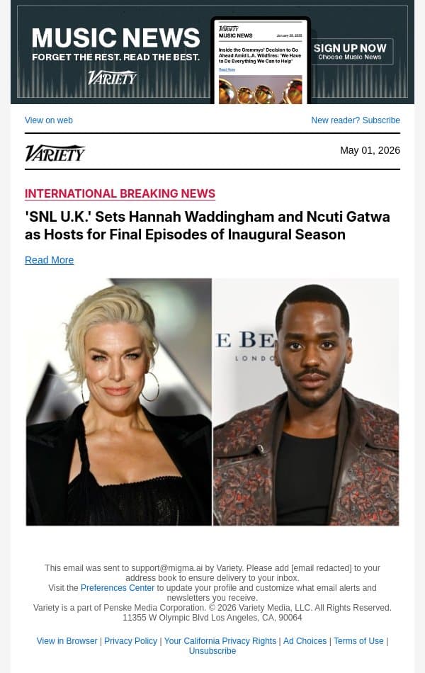'SNL U.K.' Sets Hannah Waddingham and Ncuti Gatwa as Hosts for Final Episodes of Inaugural Season email from Variety screenshot