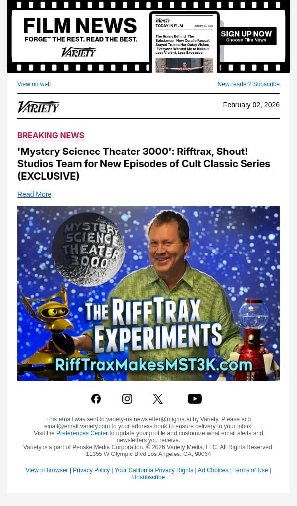 'Mystery Science Theater 3000': Rifftrax, Shout! Studios Team for New Episodes of Cult Classic Series (EXCLUSIVE) email from Variety screenshot