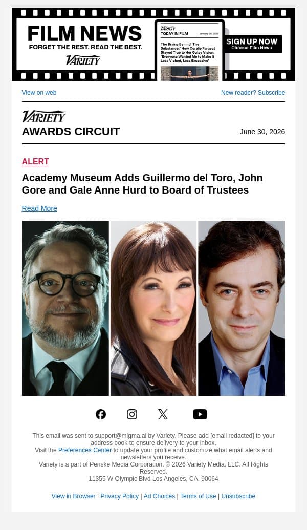 Academy Museum Adds Guillermo del Toro, John Gore and Gale Anne Hurd to Board of Trustees email from Variety screenshot
