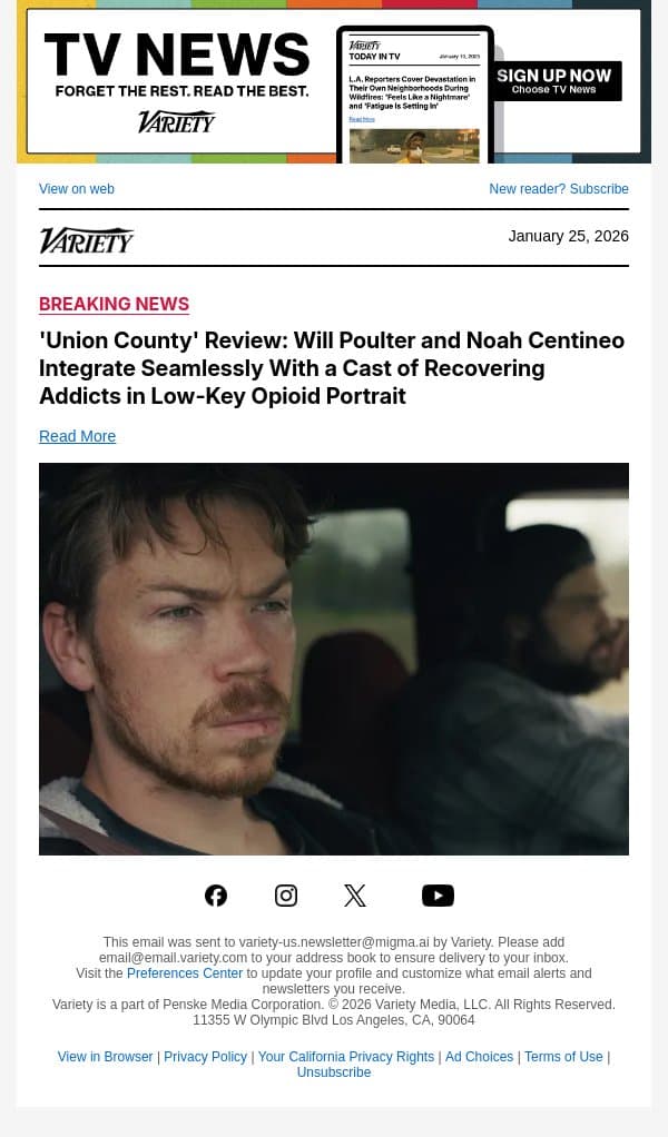 'Union County' Review: Will Poulter and Noah Centineo Integrate Seamlessly With a Cast of Recovering Addicts in Low-Key Opioid Portrait email from Variety screenshot