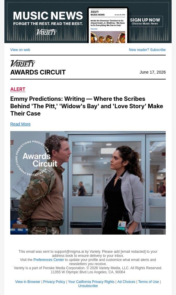 Emmy Predictions: Writing — Where the Scribes Behind 'The Pitt,' 'Widow's Bay' and 'Love Story' Make Their Case email from Variety screenshot