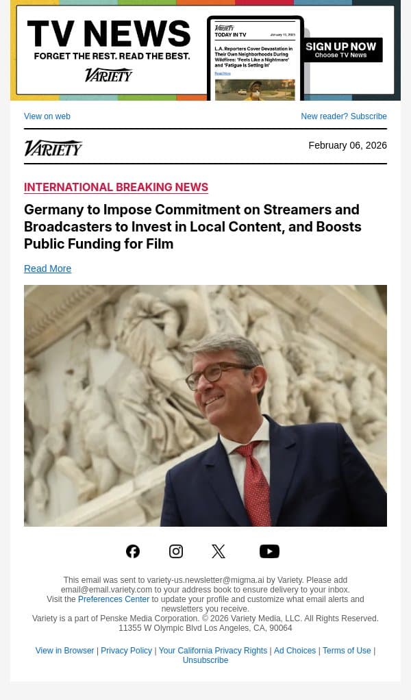 Germany to Impose Commitment on Streamers and Broadcasters to Invest in Local Content, and Boosts Public Funding for Film email from Variety screenshot