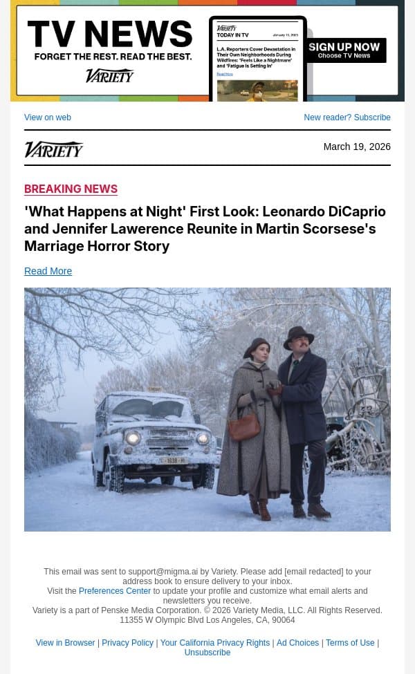'What Happens at Night' First Look: Leonardo DiCaprio and Jennifer Lawerence Reunite in Martin Scorsese's Marriage Horror Story email from Variety screenshot