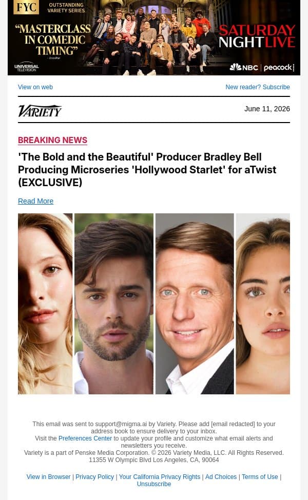 'The Bold and the Beautiful' Producer Bradley Bell Producing Microseries 'Hollywood Starlet' for aTwist (EXCLUSIVE) email from Variety screenshot