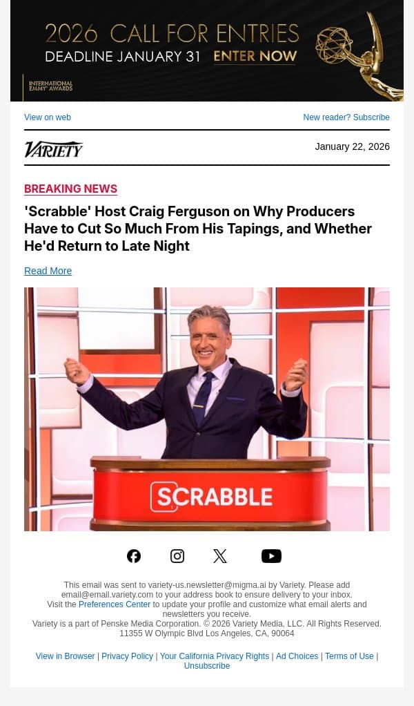 'Scrabble' Host Craig Ferguson on Why Producers Have to Cut So Much From His Tapings, and Whether He'd Return to Late Night email from Variety screenshot