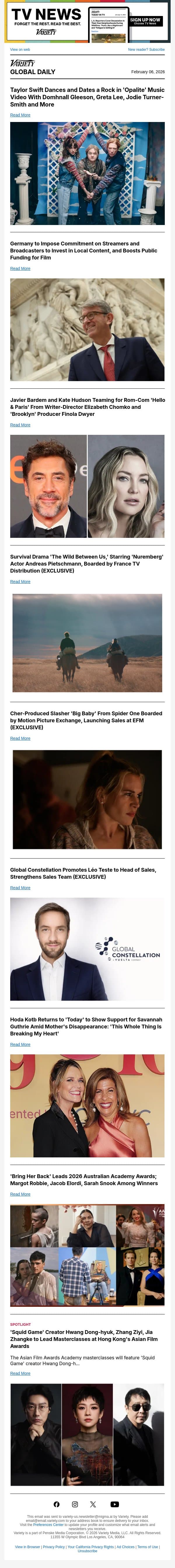 Taylor Swift's Nod to Graham Norton; Germany's Local Content Commitment; Javier Bardem, Kate Hudson Team email from Variety screenshot