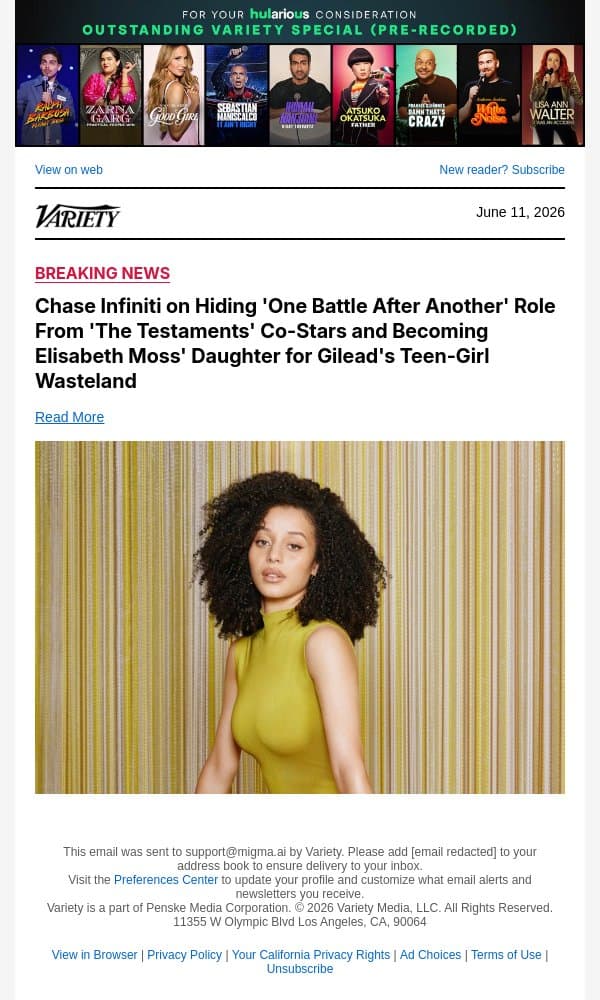 Chase Infiniti on Hiding 'One Battle After Another' Role From 'The Testaments' Co-Stars and Becoming Elisabeth Moss' Daughter for Gilead's Teen-Girl Wasteland email from Variety screenshot