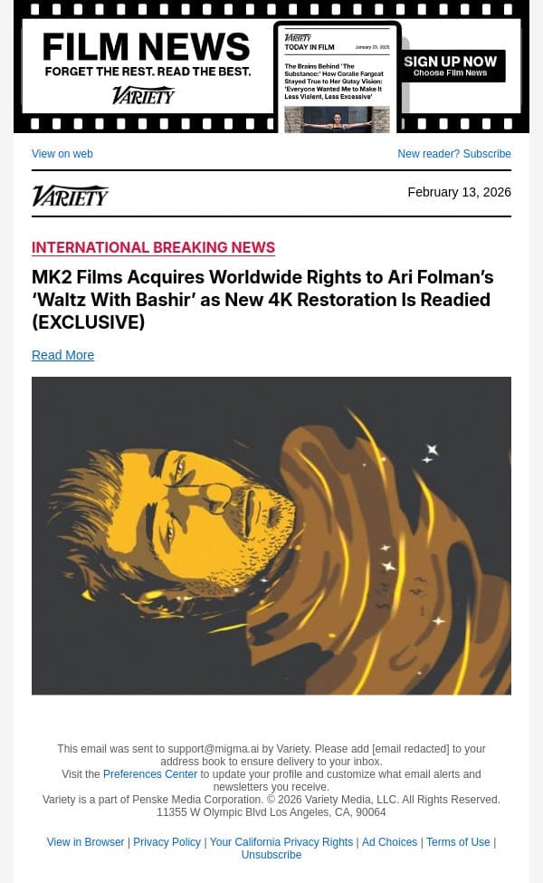 MK2 Films Acquires Worldwide Rights to Ari Folman’s ‘Waltz With Bashir’ as New 4K Restoration Is Readied (EXCLUSIVE) email from Variety screenshot