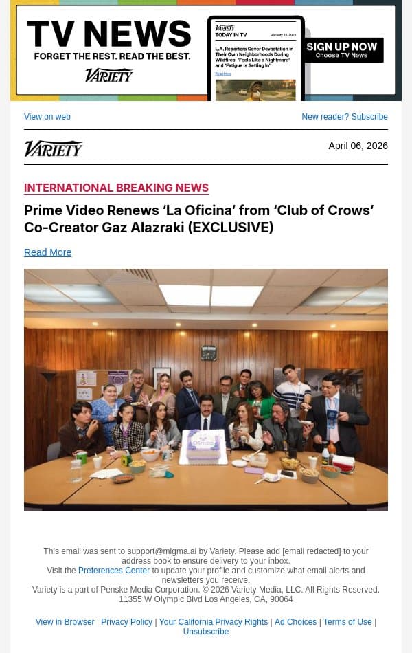Prime Video Renews ‘La Oficina’ from ‘Club of Crows’ Co-Creator Gaz Alazraki (EXCLUSIVE) email from Variety screenshot