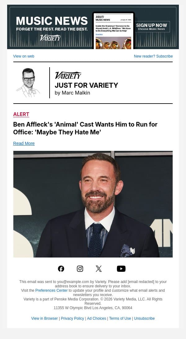 Ben Affleck's 'Animal' Cast Wants Him to Run for Office: 'Maybe They Hate Me' email from Variety screenshot