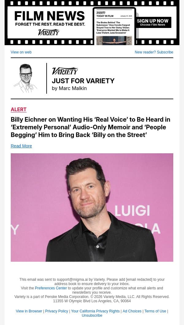 Billy Eichner on Wanting His ‘Real Voice’ to Be Heard in ‘Extremely Personal’ Audio-Only Memoir and ‘People Begging’ Him to Bring Back ‘Billy on the Street’ email from Variety screenshot