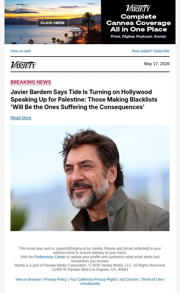 Javier Bardem Says Tide Is Turning on Hollywood Speaking Up for Palestine: Those Making Blacklists 'Will Be the Ones Suffering the Consequences' email from Variety screenshot