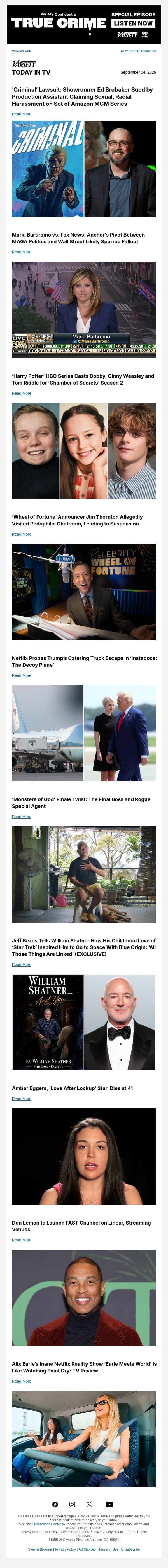 'Criminal' Showrunner Sued; What Happened With Maria Bartiromo; 'Harry Potter' Series Casts Dobby and More email from Variety screenshot