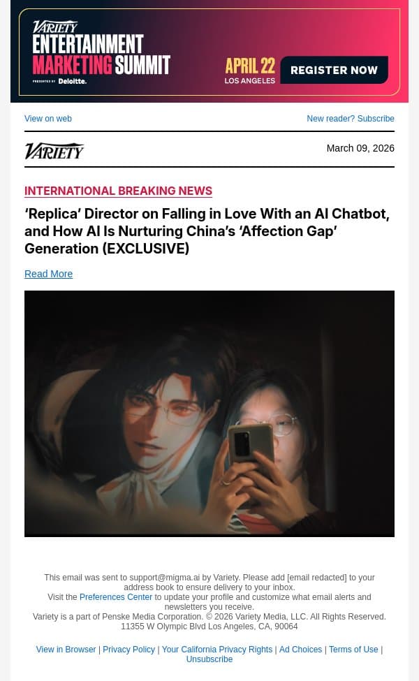 ‘Replica’ Director on Falling in Love With an AI Chatbot, and How AI Is Nurturing China’s ‘Affection Gap’ Generation (EXCLUSIVE) email from Variety screenshot
