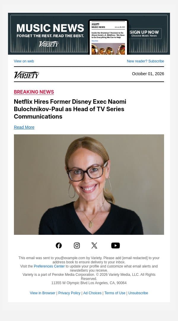 Netflix Hires Former Disney Exec Naomi Bulochnikov-Paul as Head of TV Series Communications email from Variety screenshot