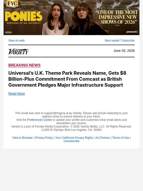 Universal’s U.K. Theme Park Reveals Name, Gets $8 Billion-Plus Commitment From Comcast as British Government Pledges Major Infrastructure Support email from Variety screenshot