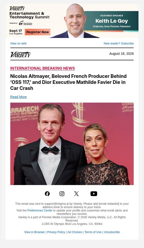 Nicolas Altmayer, Beloved French Producer Behind ‘OSS 117,’ and Dior Executive Mathilde Favier Die in Car Crash email from Variety screenshot