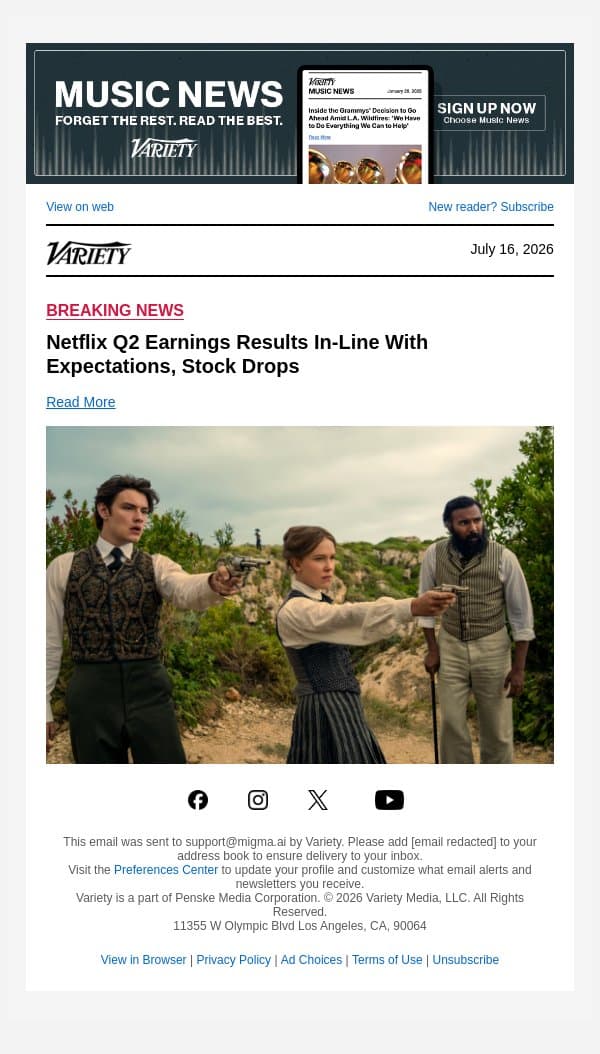 Netflix Q2 Earnings Results In-Line With Expectations, Stock Drops email from Variety screenshot