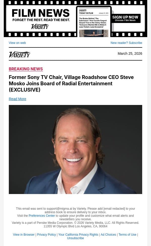 Former Sony TV Chair, Village Roadshow CEO Steve Mosko Joins Board of Radial Entertainment (EXCLUSIVE) email from Variety screenshot