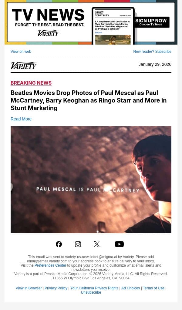 Beatles Movies Drop Photos of Paul Mescal as Paul McCartney, Barry Keoghan as Ringo Starr and More in Stunt Marketing email from Variety screenshot