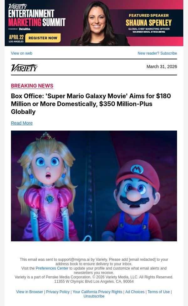 Box Office: 'Super Mario Galaxy Movie' Aims for $180 Million or More Domestically, $350 Million-Plus Globally email from Variety screenshot