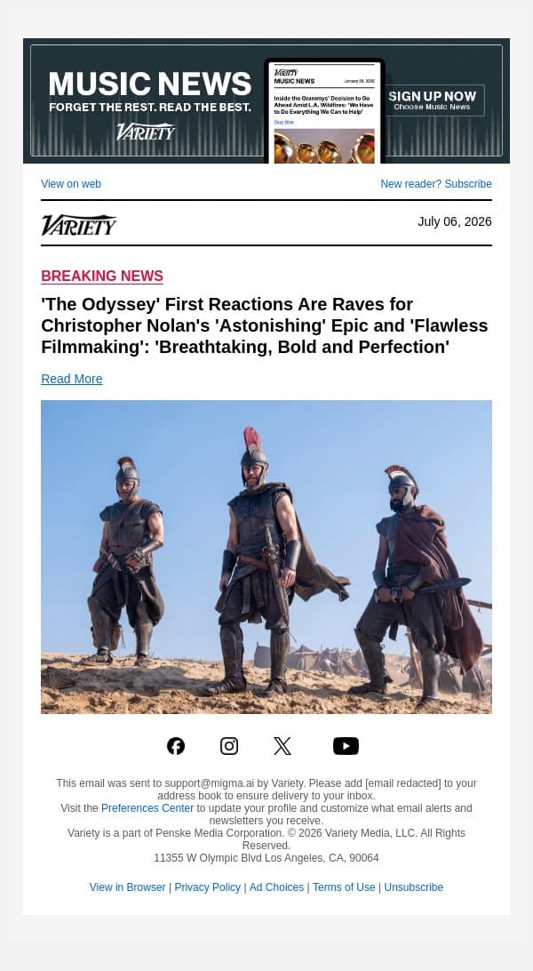 'The Odyssey' First Reactions Are Raves for Christopher Nolan's 'Astonishing' Epic and 'Flawless Filmmaking': 'Breathtaking, Bold and Perfection' email from Variety screenshot