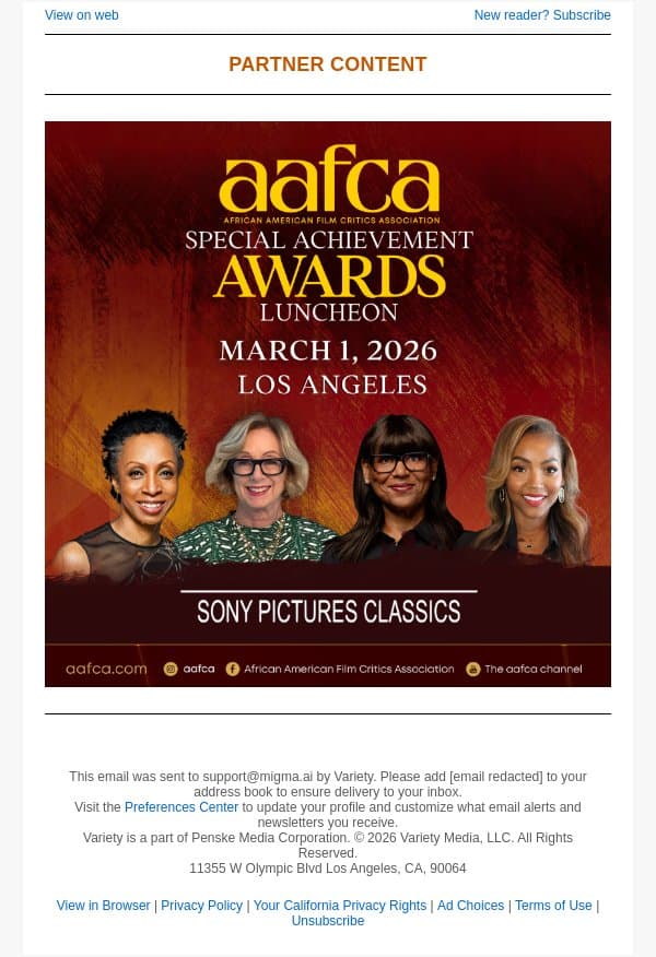 Honoring Vision, Leadership & Legacy: AAFCA Special Achievement Awards email from Variety screenshot