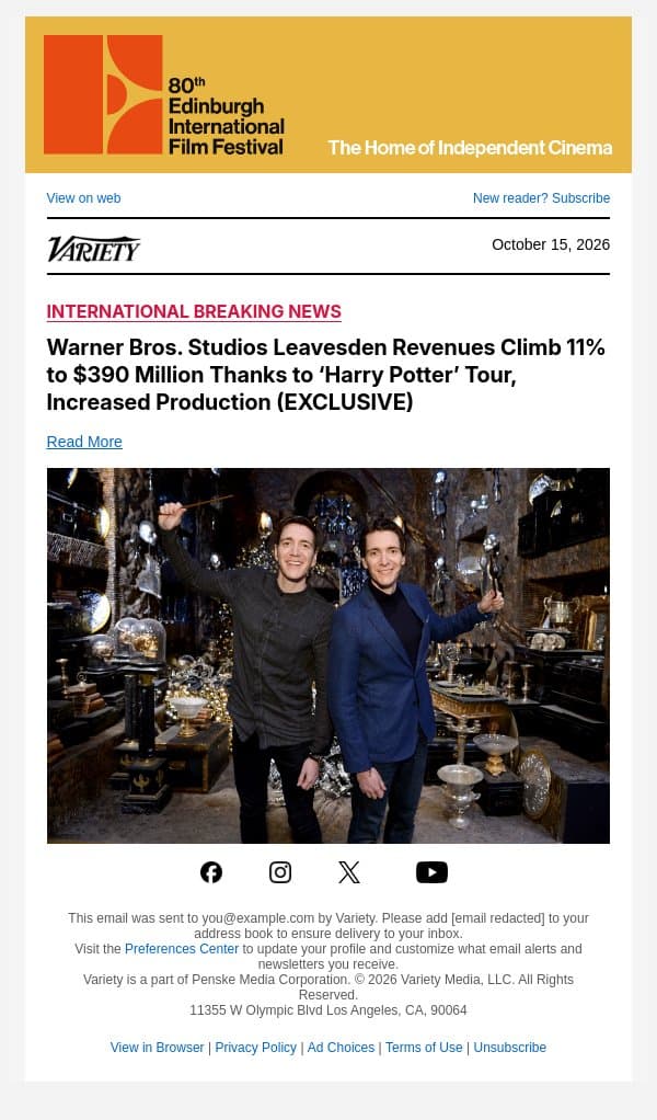 Warner Bros. Studios Leavesden Revenues Climb 11% to $390 Million Thanks to ‘Harry Potter’ Tour, Increased Production (EXCLUSIVE) email from Variety screenshot