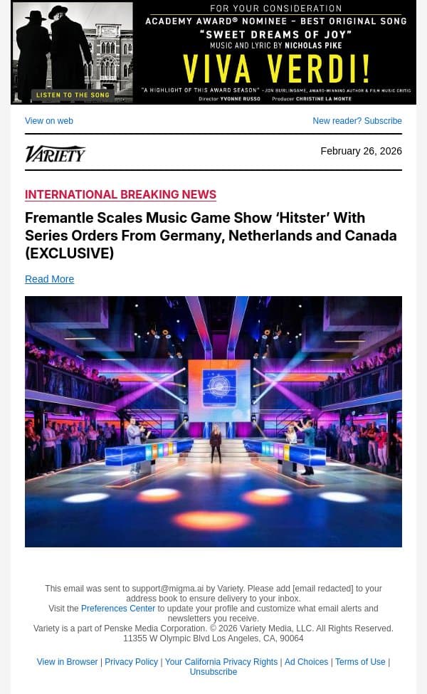 Fremantle Scales Music Game Show ‘Hitster’ With Series Orders From Germany, Netherlands and Canada (EXCLUSIVE) email from Variety screenshot