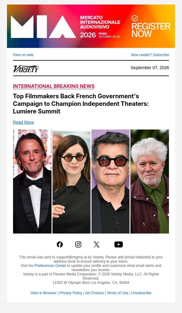 Top Filmmakers Back French Government's Campaign to Champion Independent Theaters: Lumiere Summit email from Variety screenshot