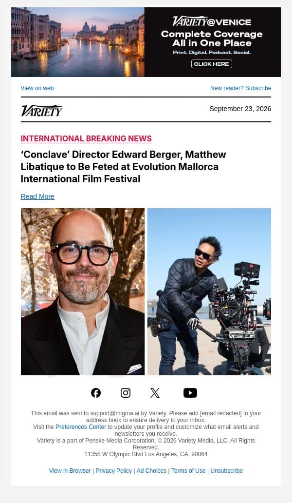 ‘Conclave’ Director Edward Berger, Matthew Libatique to Be Feted at Evolution Mallorca International Film Festival email from Variety screenshot