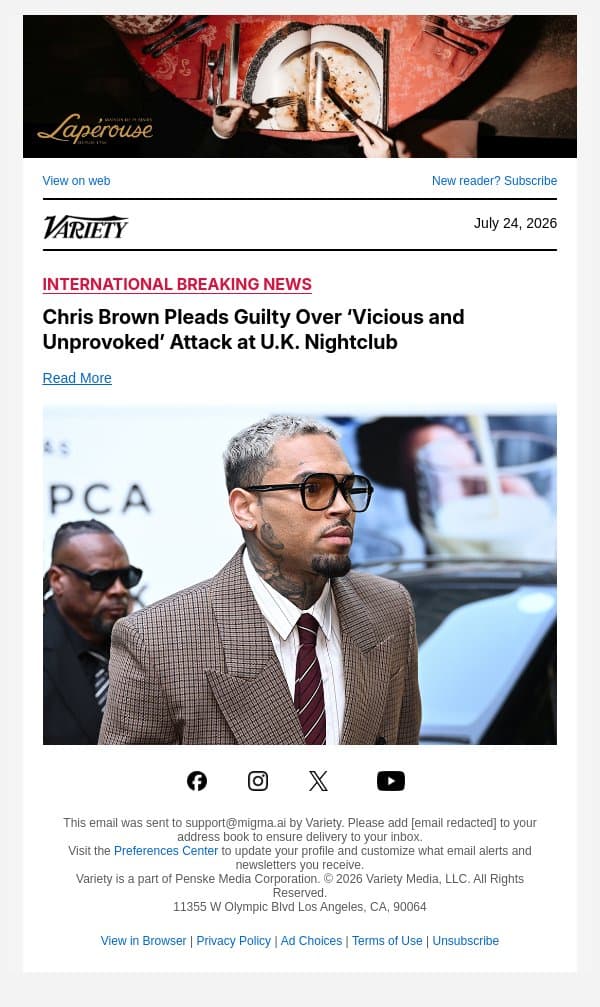 Chris Brown Pleads Guilty Over ‘Vicious and Unprovoked’ Attack at U.K. Nightclub email from Variety screenshot