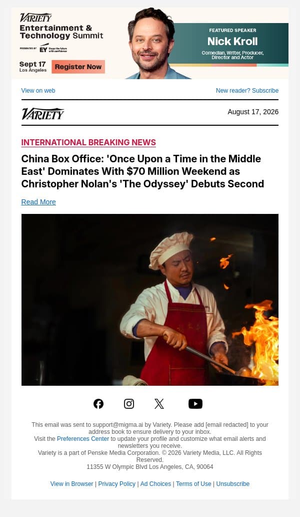 China Box Office: 'Once Upon a Time in the Middle East' Dominates With $70 Million Weekend as Christopher Nolan's 'The Odyssey' Debuts Second email from Variety screenshot