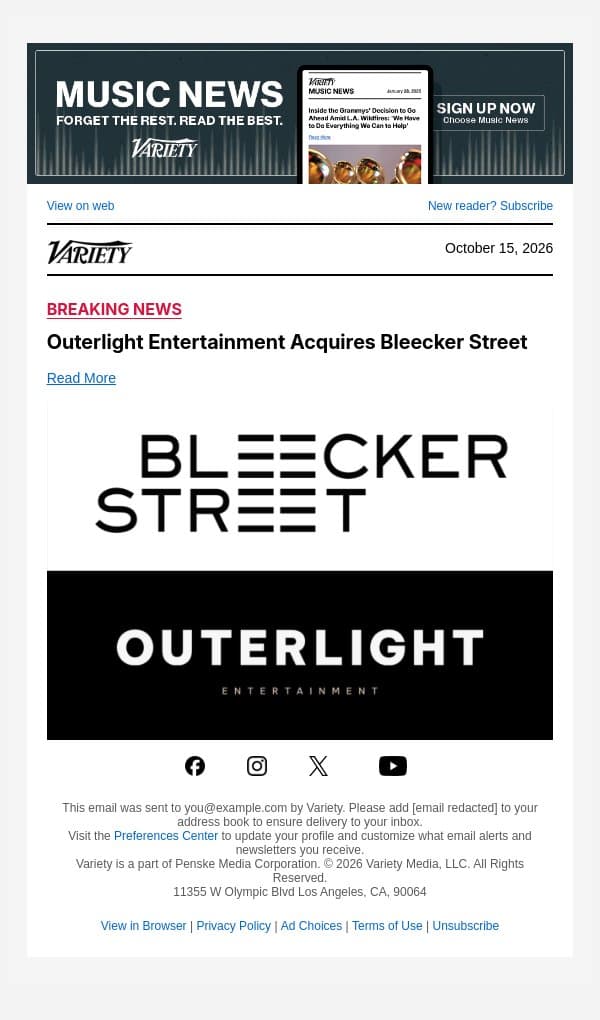 Outerlight Entertainment Acquires Bleecker Street email from Variety screenshot