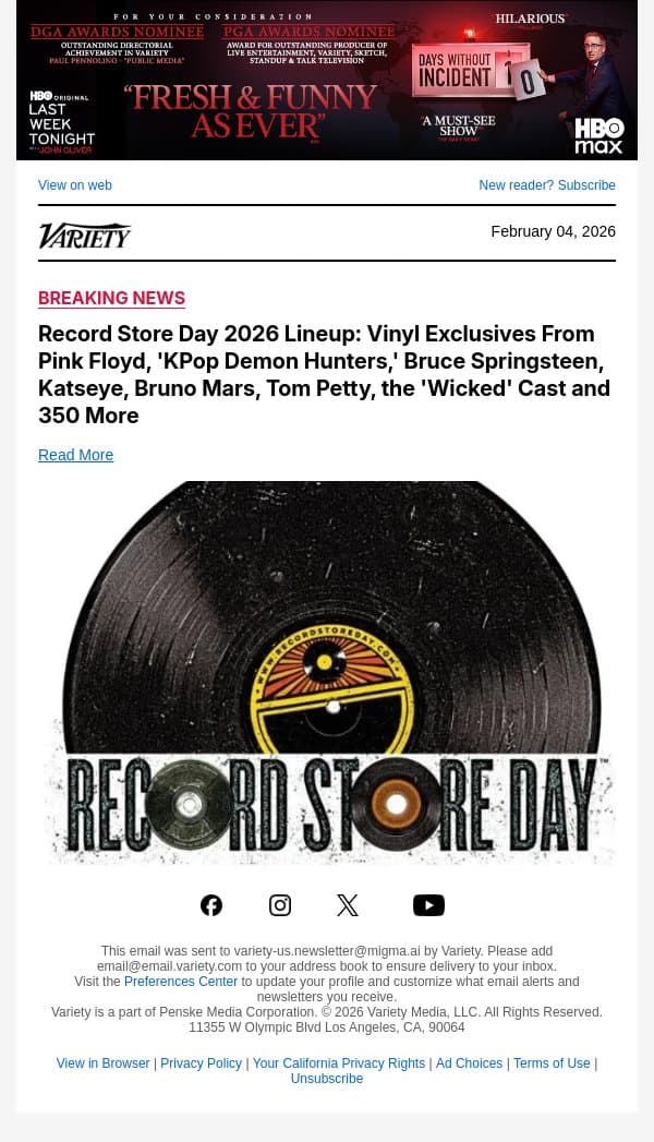 Record Store Day 2026 Lineup: Vinyl Exclusives From Pink Floyd, 'KPop Demon Hunters,' Bruce Springsteen, Katseye, Bruno Mars, Tom Petty, the 'Wicked' Cast and 350 More email from Variety screenshot