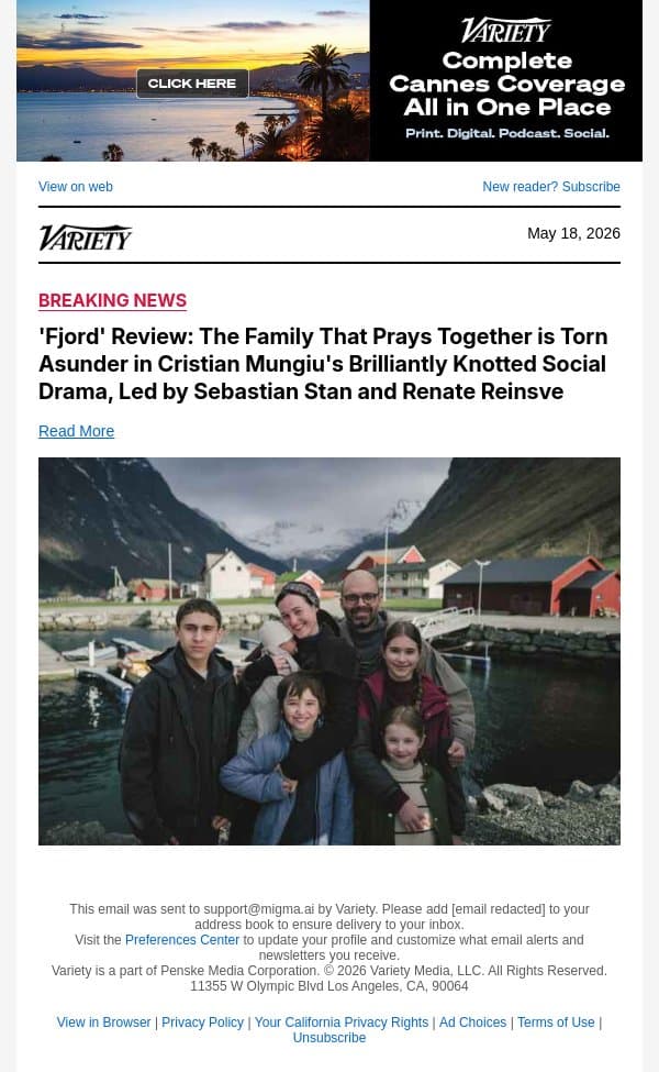 'Fjord' Review: The Family That Prays Together is Torn Asunder in Cristian Mungiu's Brilliantly Knotted Social Drama, Led by Sebastian Stan and Renate Reinsve email from Variety screenshot