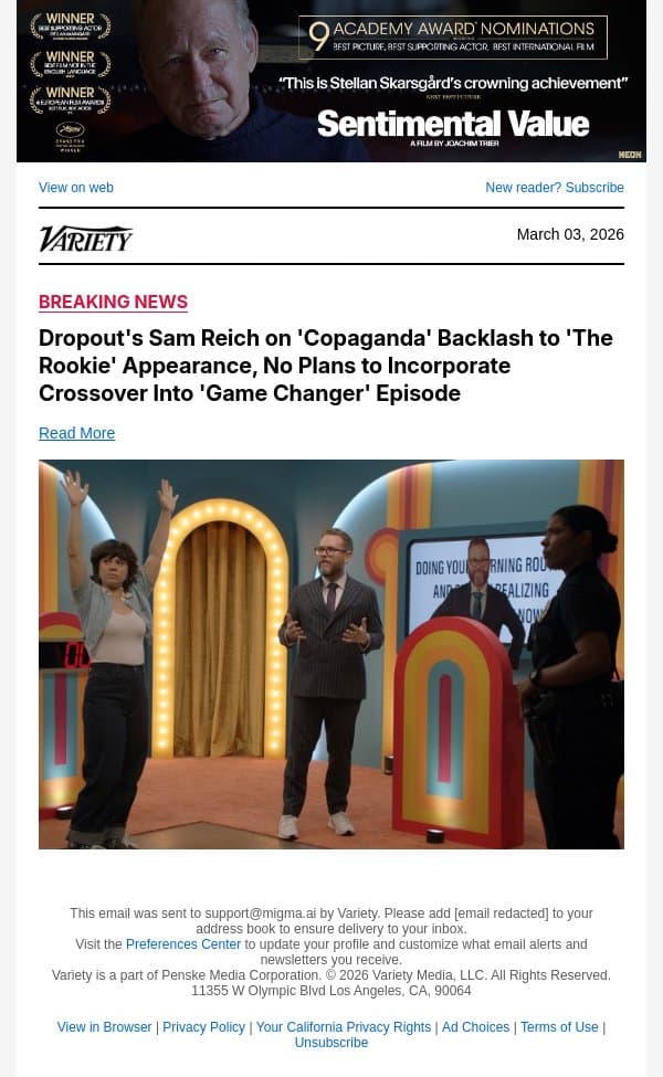 Dropout's Sam Reich on 'Copaganda' Backlash to 'The Rookie' Appearance, No Plans to Incorporate Crossover Into 'Game Changer' Episode email from Variety screenshot