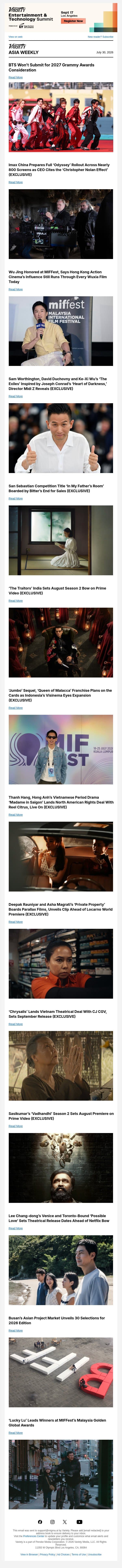 BTS Won't Submit to Grammys; Imax China's 'Odyssey' Plans; Wu Jing on Wuxia email from Variety screenshot