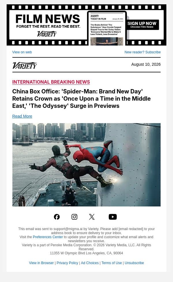 China Box Office: 'Spider-Man: Brand New Day' Retains Crown as 'Once Upon a Time in the Middle East,' 'The Odyssey' Surge in Previews email from Variety screenshot