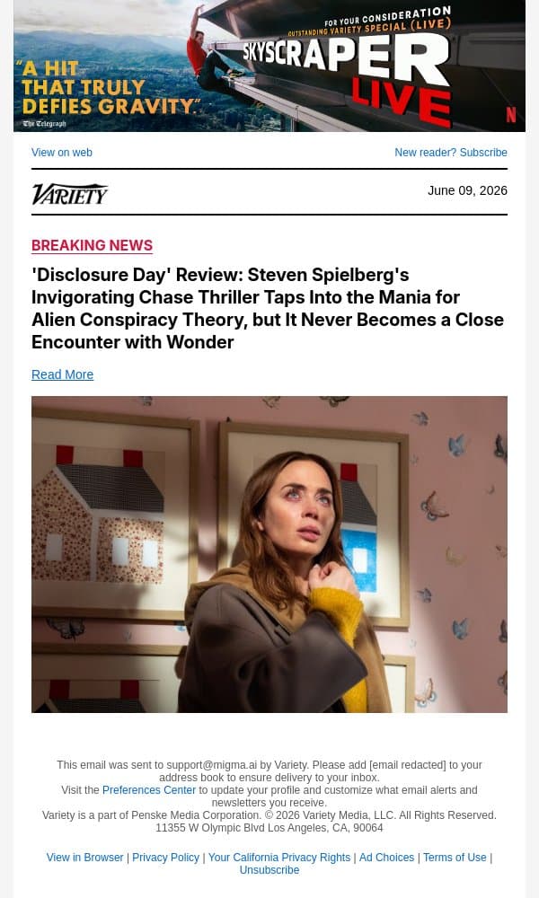 'Disclosure Day' Review: Steven Spielberg's Invigorating Chase Thriller Taps Into the Mania for Alien Conspiracy Theory, but It Never Becomes a Close Encounter with Wonder email from Variety screenshot