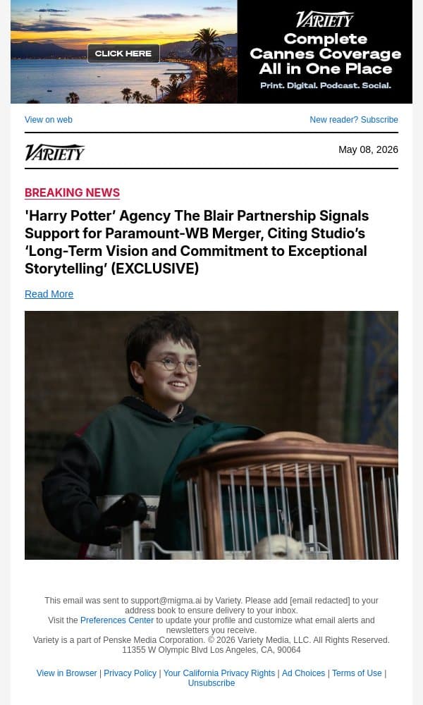 'Harry Potter’ Agency The Blair Partnership Signals Support for Paramount-WB Merger, Citing Studio’s ‘Long-Term Vision and Commitment to Exceptional Storytelling’ (EXCLUSIVE) email from Variety screenshot