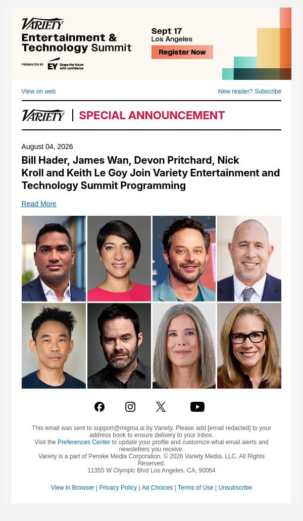 Bill Hader, James Wan, Devon Pritchard, Nick Kroll and Keith Le Goy Join Variety Entertainment and Technology Summit Programming email from Variety screenshot