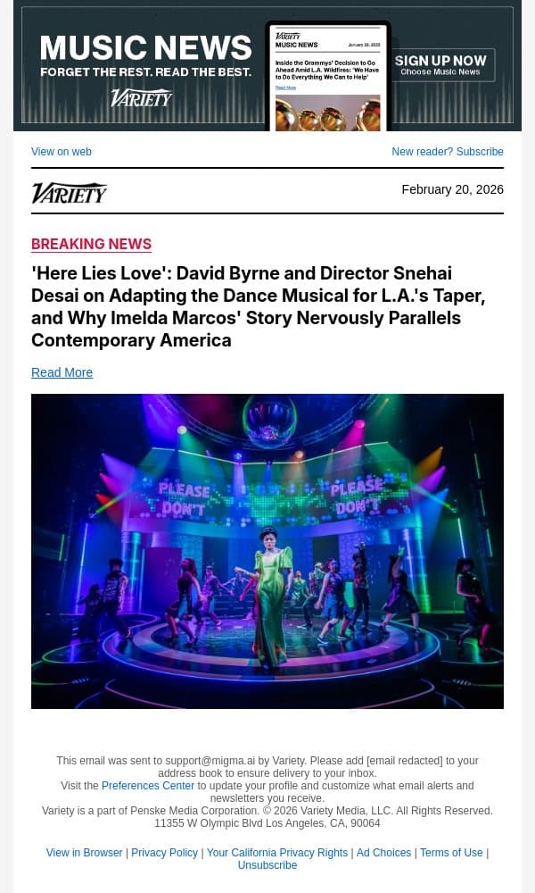 'Here Lies Love': David Byrne and Director Snehai Desai on Adapting the Dance Musical for L.A.'s Taper, and Why Imelda Marcos' Story Nervously Parallels Contemporary America email from Variety screenshot