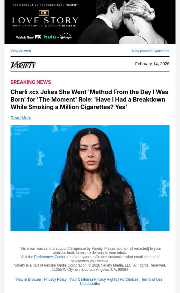 Charli xcx Jokes She Went 'Method From the Day I Was Born' for 'The Moment' Role: 'Have I Had a Breakdown While Smoking a Million Cigarettes? Yes' email from Variety screenshot