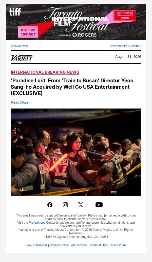'Paradise Lost' From 'Train to Busan' Director Yeon Sang-ho Acquired by Well Go USA Entertainment (EXCLUSIVE) email from Variety screenshot